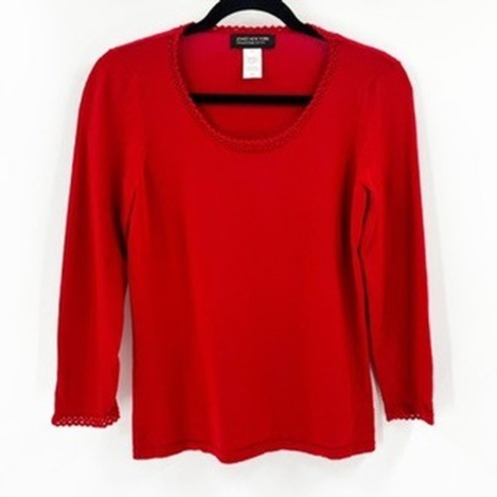JONES NEW YORK COLLECTION PETITE Red Long Sleeve Beaded‎ Neckline Sweater Top PS